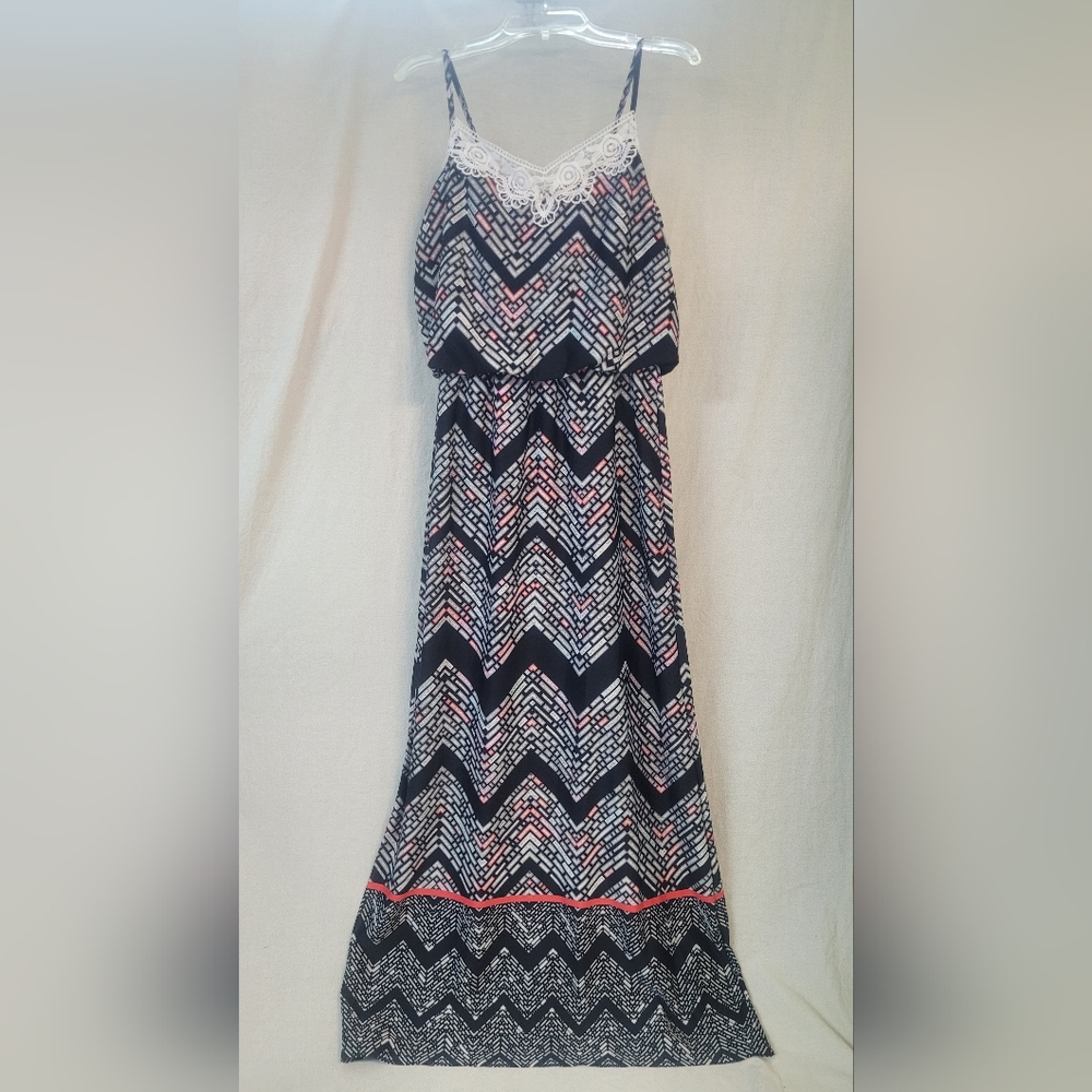 Magic, Black White Chevron Maxi Dress, Lace Trim Camisole Top, Womens Small